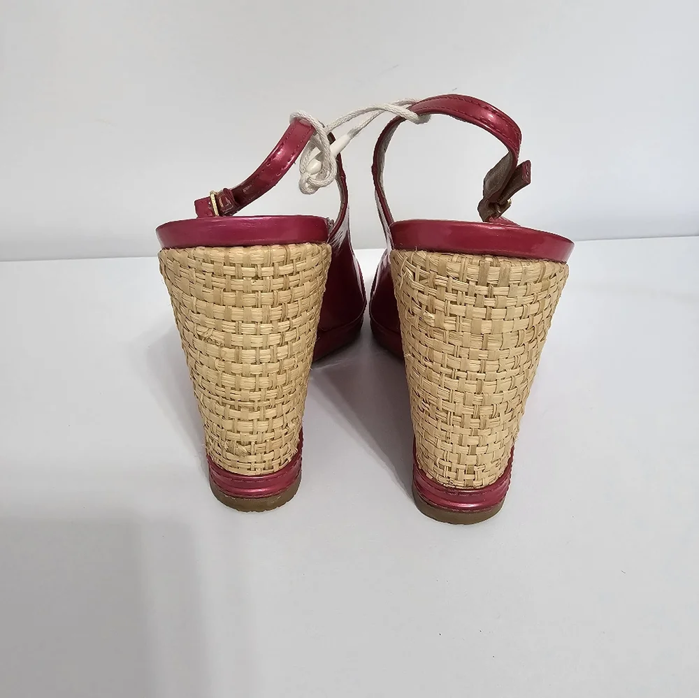 sz 9.5 M Stuart Weitzman Pink Tan Espadrille Wedge Sandals Slingback Patent - Picture 3 of 8